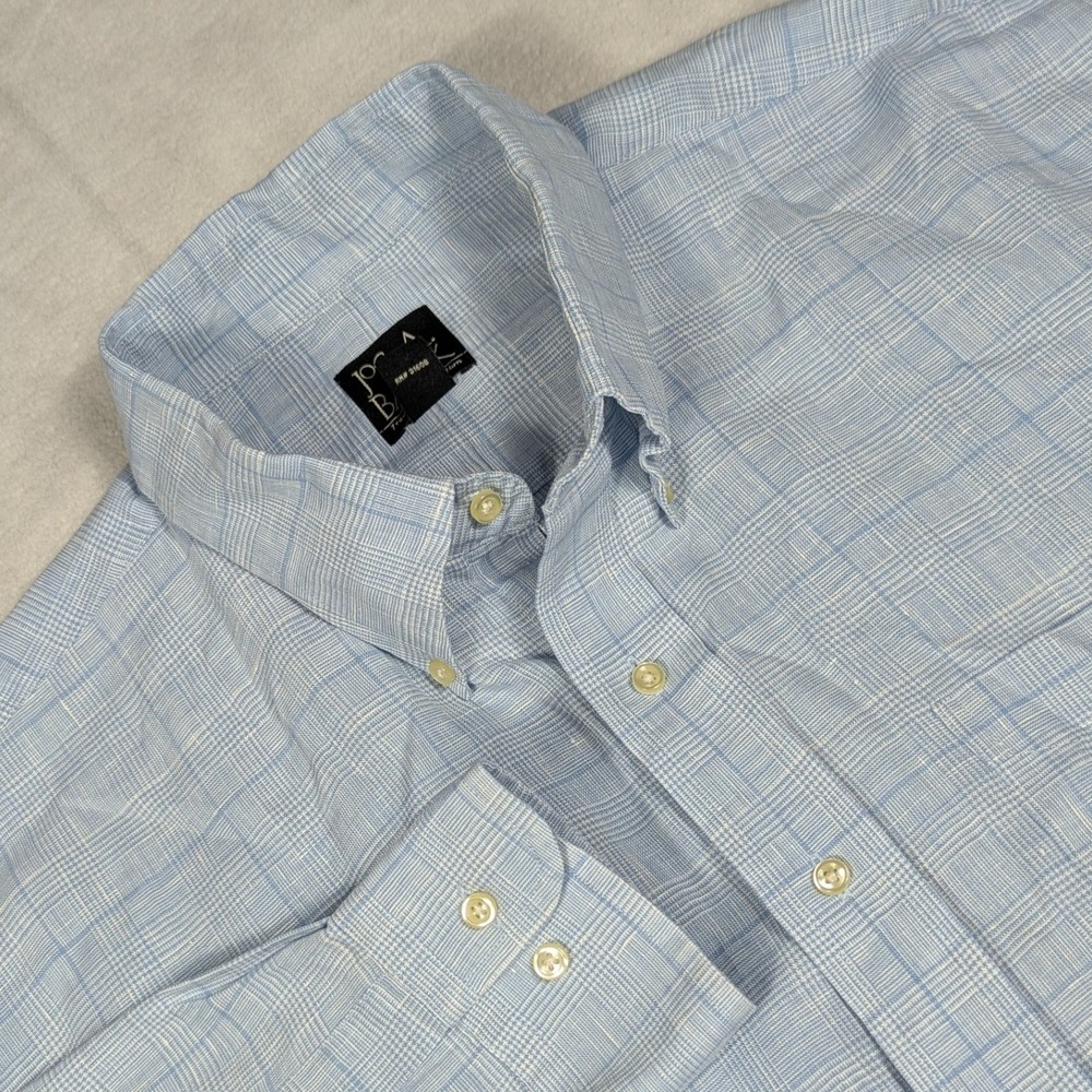 Jos A Bank Travelers Collection Mens XL Blue Glen Plaid 100% Linen Button Down